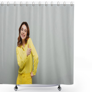 Personality  Happy Woman Winking And Showing Thumb Up While Standing With Hand On Hip On Grey Shower Curtains