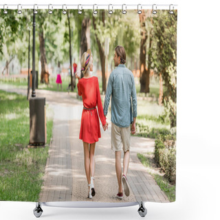 Personality  Back View Of Girlfriend And Boyfriend Walking Together In Park And Looking At Each Other Shower Curtains