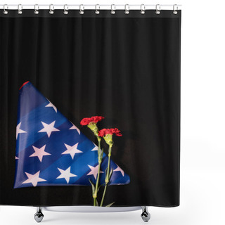 Personality  Top View Of Red Carnation American Flag On Black Background, Funeral Concept Shower Curtains