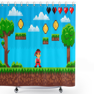 Personality  Fighting Game Pixel Character On Scene Arcade Shower Curtains