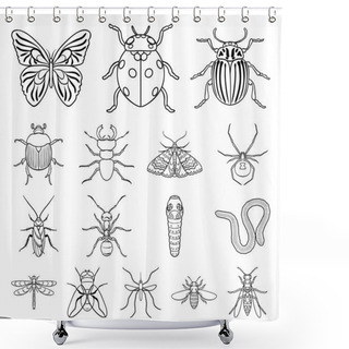 Personality  Different Kinds Of Insects Outline Icons In Set Collection For Design. Insect Arthropod Vector Symbol Stock Web Illustration. Shower Curtains