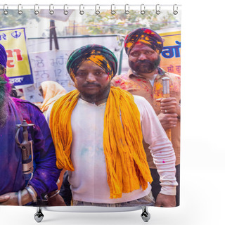 Personality  Barsana, Uttar Pradesh, India - March 2022: Indian People Celebrating Traditional Holi Festival On The Street Shower Curtains