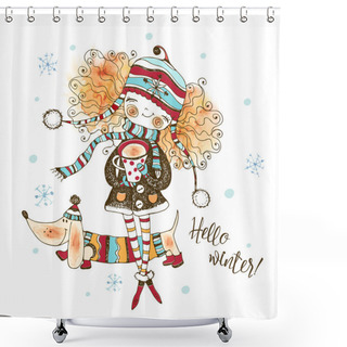 Personality  Cute Girl In A Knitted Hat Drinking A Hot Drink Outside In Winter With Her Doggie Dog Dachshund .Winter Fun Illustration. Watercolors And Graphics. Vector. Shower Curtains