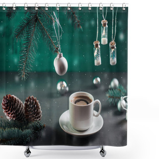 Personality  White Cup Of Coffee On The Christmas Table , An Emerald Background . Christmas Balls On The Branches Of The Christmas Tree, Vintage Garland And Cones Shower Curtains