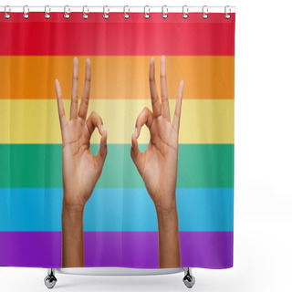 Personality  Hands Showing Ok Sign Over Rainbow Background Shower Curtains