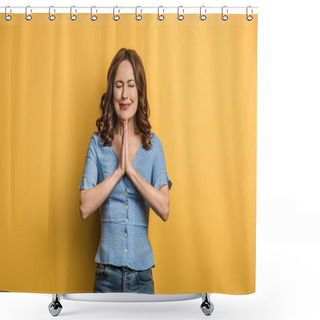 Personality  Anxious Girl Showing Praying Hands With Closed Eyes On Yellow Background Shower Curtains