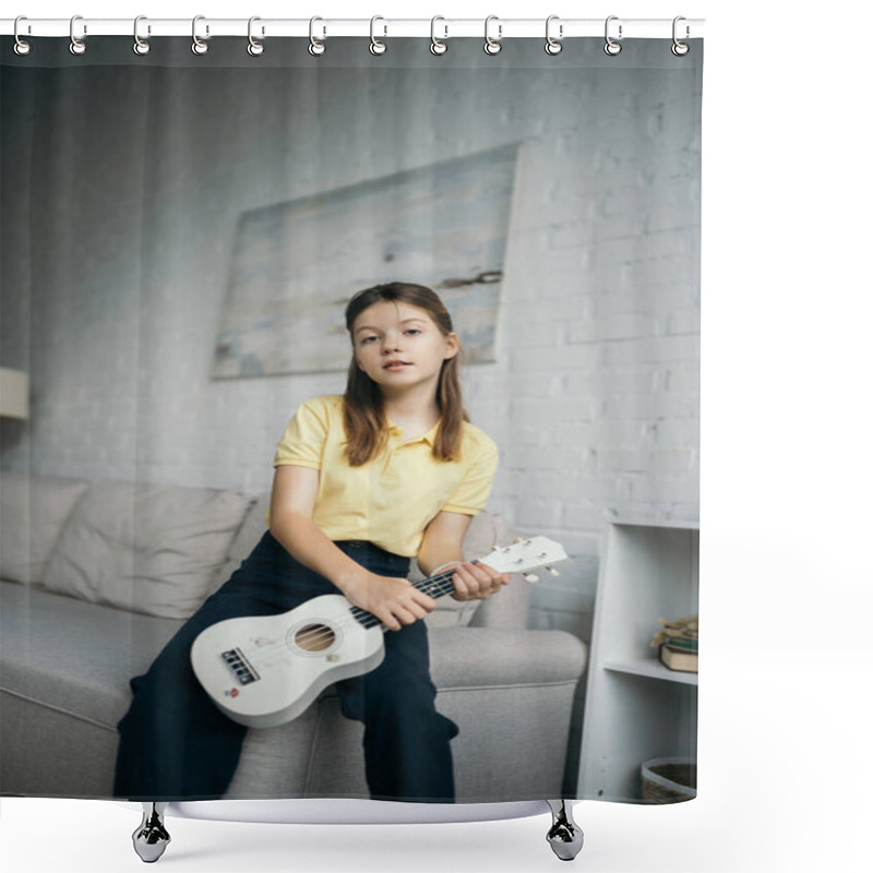 Personality  Preteen Girl With Small Hawaiian Guitar Looking At Camera Near Couch In Living Room Shower Curtains