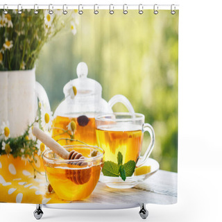 Personality  Cup With Hot Tea With Mint And A Thyme On A Wooden Table In A Summer Garden. Shower Curtains