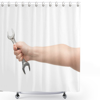 Personality  Cropped View Of Woman Holding Spanner Isolated On White  Shower Curtains