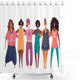 Personality  Hand Drawn Vector Illustration Of Diverse Modern Girls Together. Concept Of Feminism, Women Day Card, Female Cartoon Characters. Shower Curtains