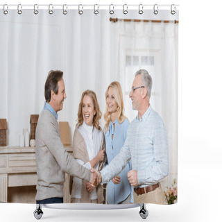 Personality  Senior Man And Woman Greeting Their Friends As Guests And Shaking Hands Shower Curtains