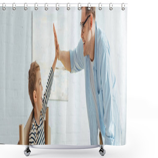 Personality  Horizontal Image Of Happy Boy With Carton Plane Wings Giving High Five To Father Shower Curtains