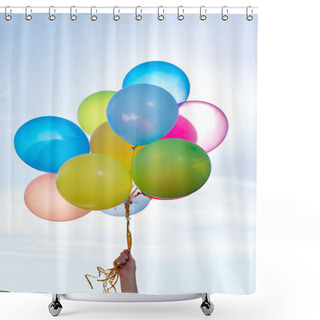 Personality  Hand Holding Bunch Of Colorful Balloons In Blue Sky Shower Curtains
