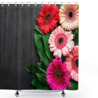 Personality  Bright Gerbera Flowers On A Black Concrete Background. Frame Of Flowers, Top View Shower Curtains