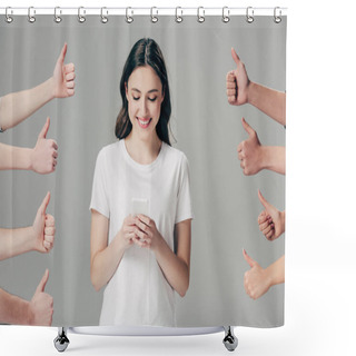 Personality  Partial View Of Men And Women Showing Thumbs Up Near Happy Girl Using Smartphone Isolated On Grey Shower Curtains