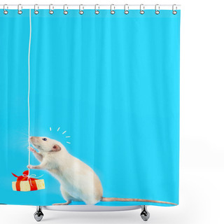 Personality  Cute Decorative Rat With Cheese Gift And Red Bow On A Blue Background Shower Curtains