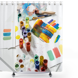 Personality  Gouache Paints, Paintbrushes And Abstract Colorful Brushstrokes On Paper On White Background Shower Curtains