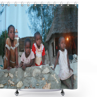 Personality  Four Small Black African Girl Resting On A Stone Fence. Shower Curtains