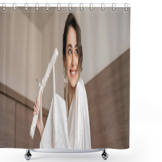 Personality  Happy Young Bride With Brunette Hair In White Silk Robe Holding Soft Hanger With Elegant Wedding Dress And Smiling In Bedroom Of Hotel Room, Special Occasion, Charming Woman, Banner  Shower Curtains