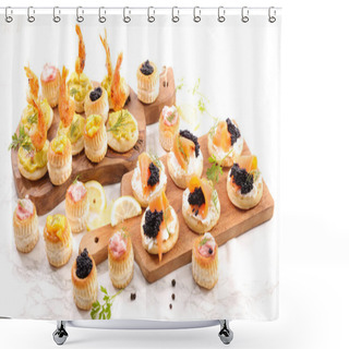 Personality  Close Up View Of Food Composition With Assorted Finger Food- Buffet Shower Curtains