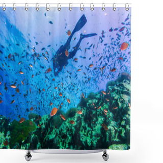 Personality  Scuba Diver On Coral Reef In Clear Blue Water Shower Curtains