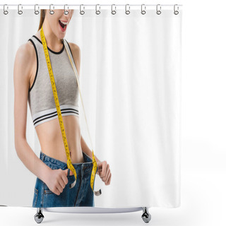Personality  Happy Young Slim Woman With Measuring Tape In Oversized Jeans Isolated On White Shower Curtains
