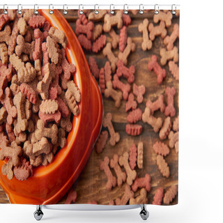 Personality  Selective Focus Of Plastic Bowl With Pile Of Dog Food On Wooden Table  Shower Curtains
