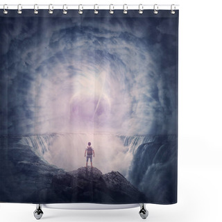 Personality  Person Stands On The Edge Of A Cliff Above A Waterfall Looking At A Huge Whirlwind In The Clouds That Creates A Portal To Another Planet. Surreal And Fantasy Scene, Magical World Adventure Concept Shower Curtains