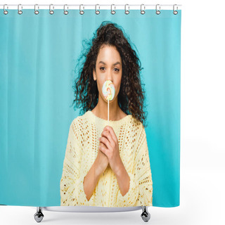 Personality  Curly African American Girl Covering Mouth With Lollipop Isolated On Blue Shower Curtains