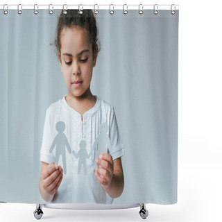 Personality  African American Kid Holding Paper Family Isolated On Grey, Adoption Concept  Shower Curtains