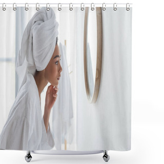 Personality  Side View Of African American Woman Looking At Mirror In Bathroom Shower Curtains
