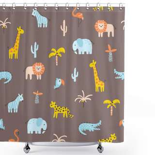 Personality  Tropical Jungle Seamless Pattern. Animals And Palms. Simple Hand-drawn Scandinavian Doodle Style. Nursery Pastel Palette Is Ideal For Printing Baby Clothes Textiles Fabrics. Vector Cartoon Background Shower Curtains