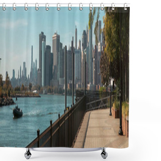 Personality  Cityscape With Manhattan Skyscrapers And Embankment With Walkway Near Hudson River In New York City, Banner Shower Curtains