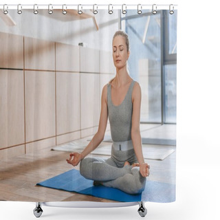 Personality  Woman Meditating With Closed Eyes In Lotus Yoga Pose With Mudra Of Knowledge Shower Curtains