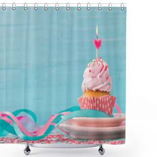 Personality  Pink Cupcake On Blue Wooden Background Shower Curtains
