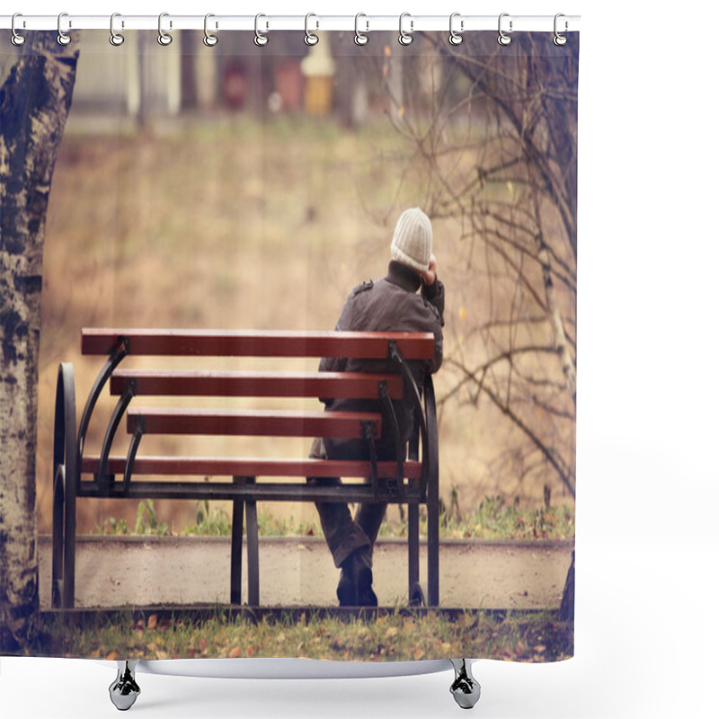 Personality  Lonely Man On The Bench Autumn Shower Curtains
