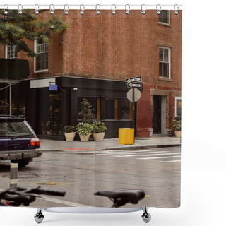 Personality  Brick Building With Storefront And Flowerpots Near Crossroad In New York City Downtown, Streetscape Shower Curtains