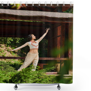 Personality  Summer Park, Indian Woman In Elegant Ethnic Wear Dancing Near Wooden Alcove In Summer Park Shower Curtains