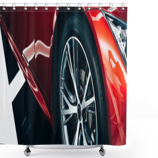 Personality  Panoramic Shot Of New Shiny Red Automobile With Metallic Wheel  Shower Curtains