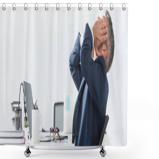 Personality  Tired Businessman Touching Face Near Laptop And Eyeglasses On Blurred Foreground In Office, Banner Shower Curtains