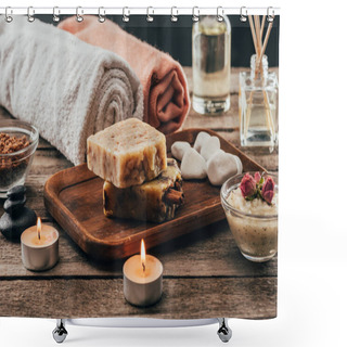 Personality  Towels, Homemade Soap, Spa Treatment And Candles On Wooden Tabletop Shower Curtains