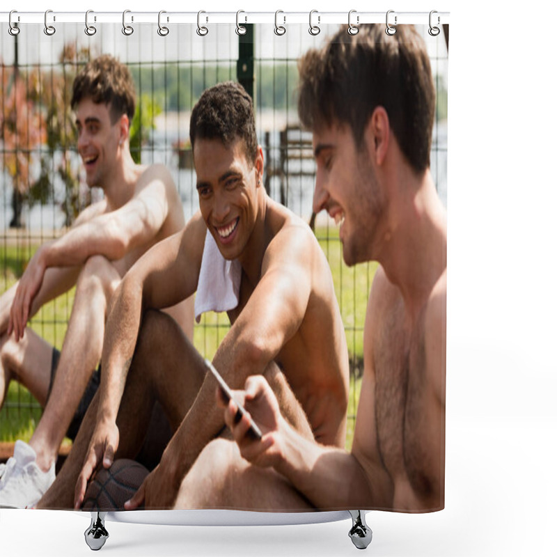 Personality  Three Smiling Shirtless Basketball Players With Ball Sitting At Basketball Court In Sunny Day Shower Curtains