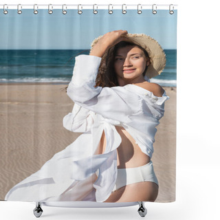 Personality  Cheerful Young Woman In White Shirt Holding Sun Hat Near Sea On Beach  Shower Curtains
