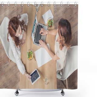 Personality  Top View Of Young Buisnesswomen Having Lunch Together And Using Devices At Office Shower Curtains