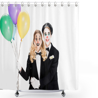 Personality  Happy Clowns Hugging And Holding Helium Balloons Isolated On White  Shower Curtains