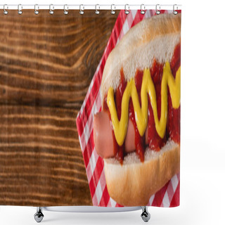 Personality  Top View Of Tasty Hot Dog With Sauces On Checkered Napkin And Wooden Table, Banner Shower Curtains