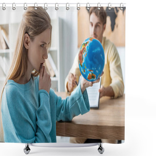 Personality  Selective Focus Of Thoughtful Young Woman Looking At Globe While Sitting Near Travel Agent Shower Curtains