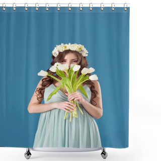 Personality  Beautiful Girl With Flowers Wreath On Head Sniffing Tulips Isolated On Blue Shower Curtains