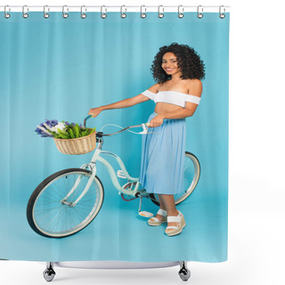 Personality  Cheerful African American Girl Standing With Bicycle On Blue, Summer Concept  Shower Curtains