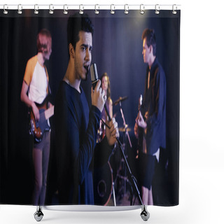 Personality  Young Singer Performing Song With Blurred Music Band On Stage Shower Curtains